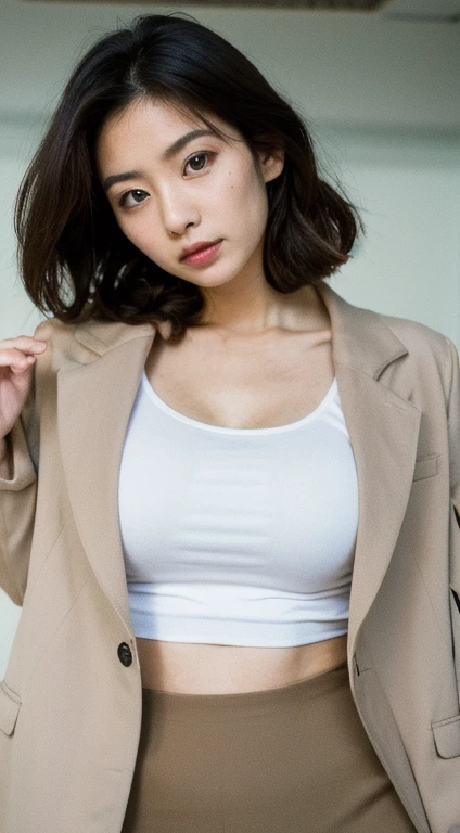 (top-quality:1.5), (masterpiece:1.5), (hight resolution:1.5), (Raw photography:1.5), a very beautiful woman、独奏, ultra gigantic tits, no-bra, Latina, Sheer panties, Sheer pubic area、sixteen years old、Aya Ueto、Perfect Style、Jumping Window, frombelow, Both thighs are exaggerated, obscenity, Heavy breathing, Plump crotch、wide open legs、crotch is exaggerated、simple background、looking at the viewers、magazine、Business Magazines、Fashion magazine cover、cover page、Sex Expressions、Exposed half chest,