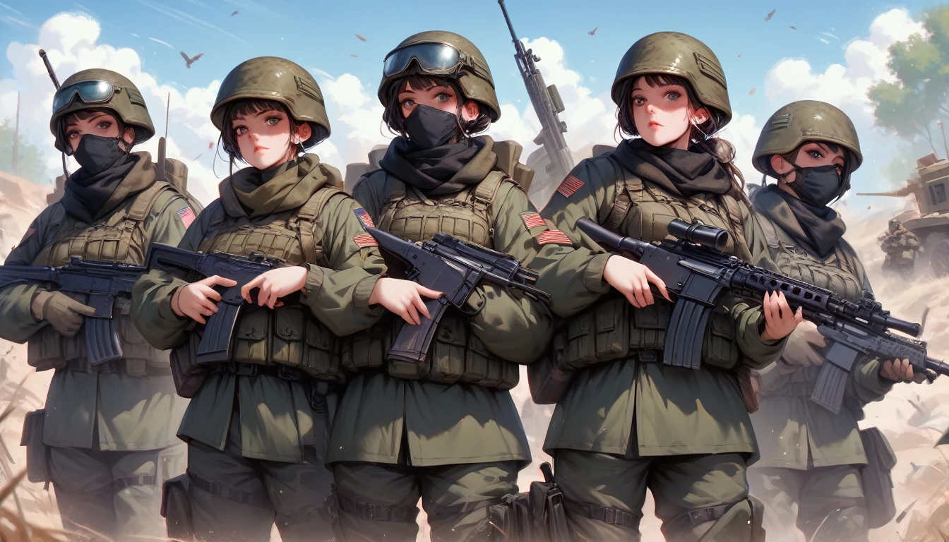 A group of cool women, five-member army troops armed with firearms,Serving on the front lines of the battlefield,I&#39;m walking so that I can cover all four sides.,Hairstyle々,(More detailed, clearer, more lifelike 3D images),The clothes are sheer luxury(important),The background is a private beach
