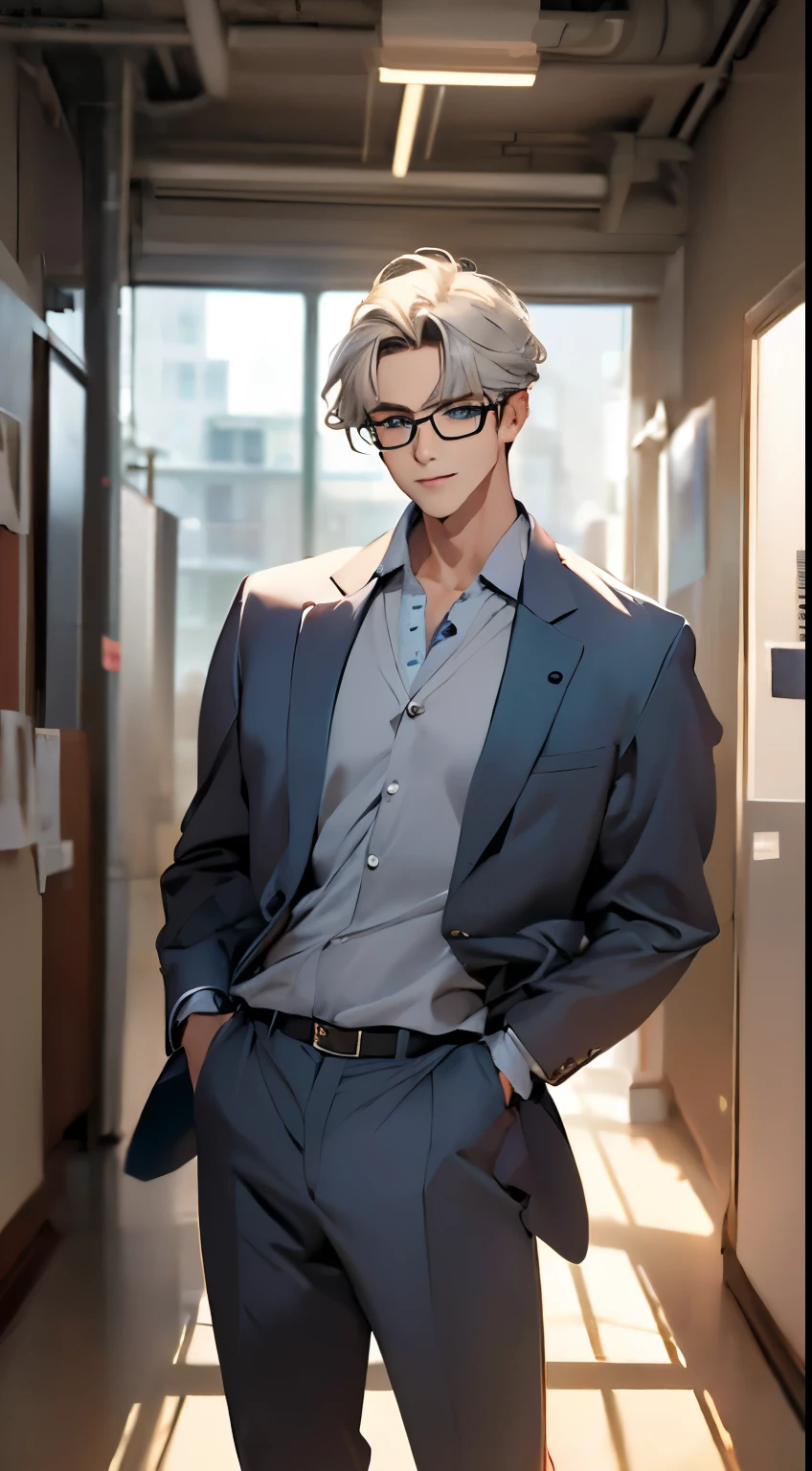 (best qualityer,4K,8k,high resolution,work of art:1.2),ultra detali,(realisitic,photorealisitic,photo-realisitic:1.37),1 men,3,mature man,Very beauthful,without expression,ssmile,short golden gray hair,blue colored eyes,Piercing gaze,perfect face without mistakes,imposing posture,business man,office background}},cinematic lighting,HDR IMAGE. wearing glasses.