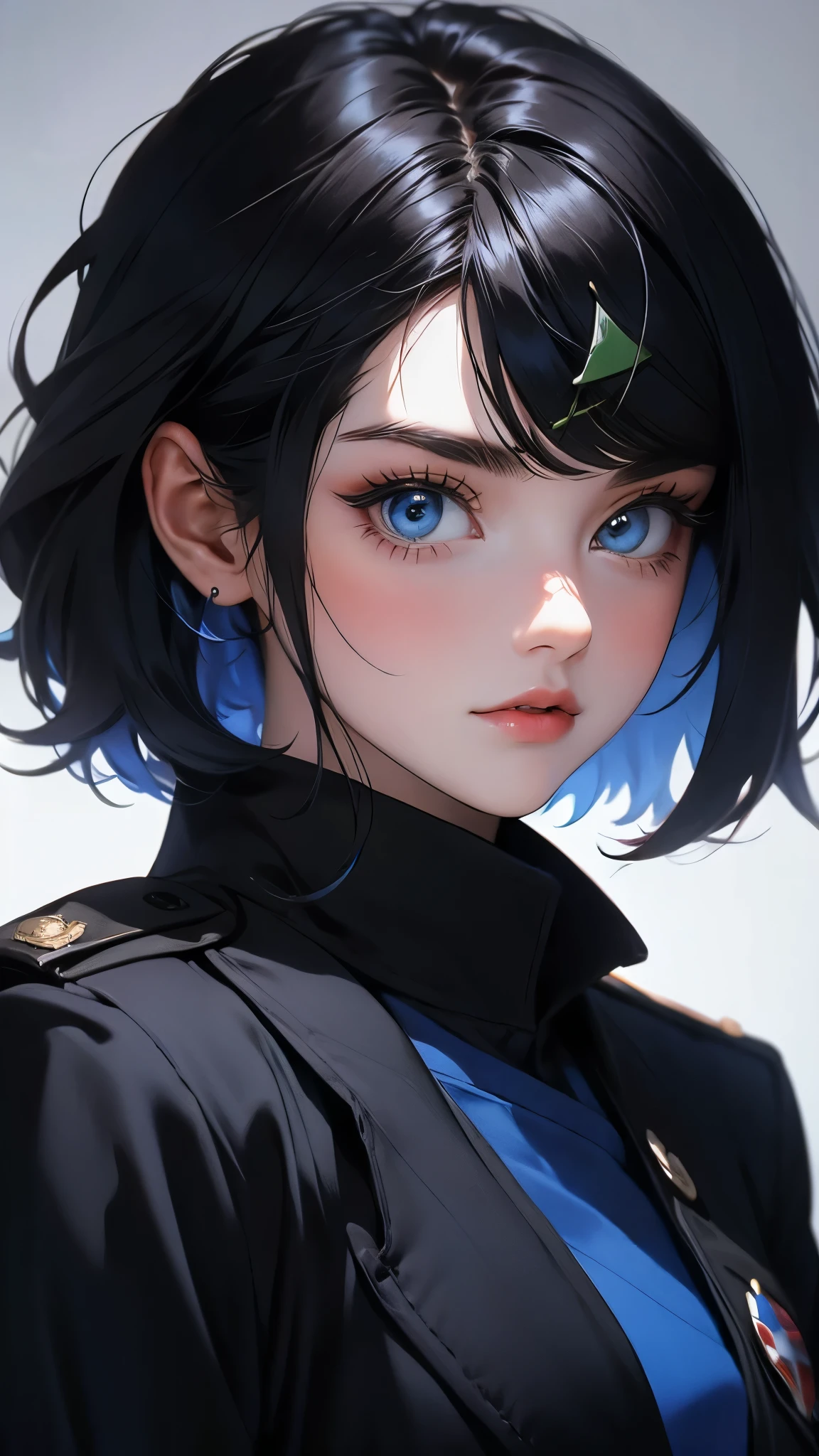 envision a 8k, highres, cinematic, beautiful close up portrait of a sexy lady with a slender body, strong face, strong mature older face, (((short black hair))), multicolored, side locks, long bangs, blue eyes, Liko,, military ****ta dress, military uniform, gloves, cropped jacket, ((((1girl)))), in dark lighting, against a dark gray background