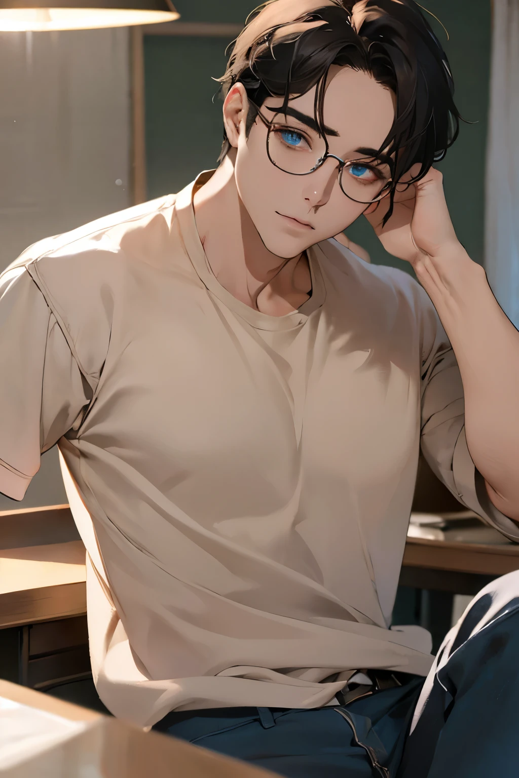 (best qualityer,4K,8k,high resolution,work of art:1.2),ultra detailed,(Realist,fotorRealista,foto-Realista:1.37),1 men,3,mature man,Very beauthful,without expression,muscled body,short black and gray hair,blue colored eyes,sheen,perfect face without mistakes,imposing posture,business man,office background}},cinematic lighting,HDR IMAGE, wearing glasses.