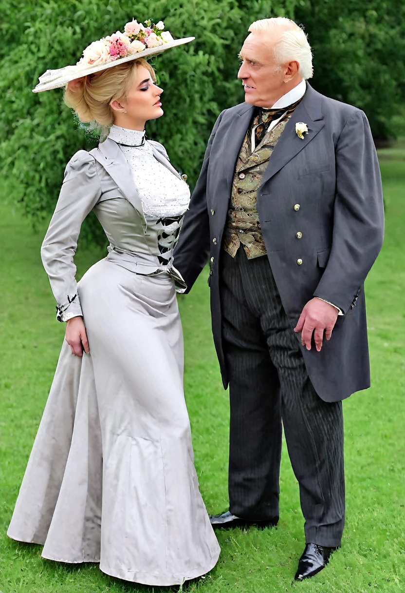 A gorgeous well-endowed 14yo blonde Gibson Girl bimbo (((fondled by a large horny 69yo gentleman))) in a park. Year 1902. (((1900_dr3ss))). Short girl with an hourglass figure wearing an elegant Edwardian outfit consisting of a high-collar long sleeve shirtwaist, long skirt, boots and a wide-brimmed hat topped with flowers, large tits, wasp waist, massive ass. Man wearing a three-piece suit. (((Young girl and old man. Man taller than girl)))