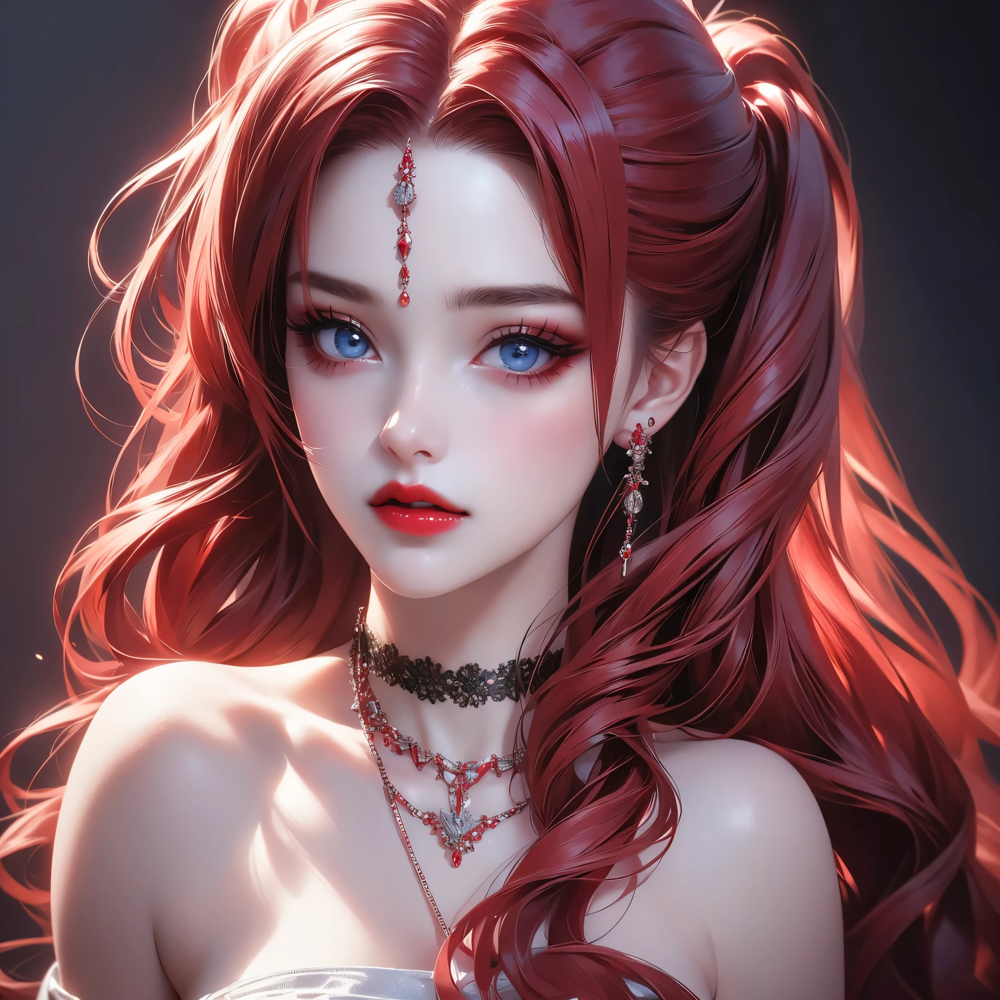 vampire, best quality, masterpiece, high resolution, 1girl, porcelain dress, red hair, hair accessories, necklace, jewelry, beautiful face, physically, tyndall effect, realistic, dark studio, edge lighting, duotone lighting , (high detail skin: 1.2 ), 8k uhd, dslr, soft light, high quality, volume light, candid, photo, high resolution, 4k, 8k, bokeh