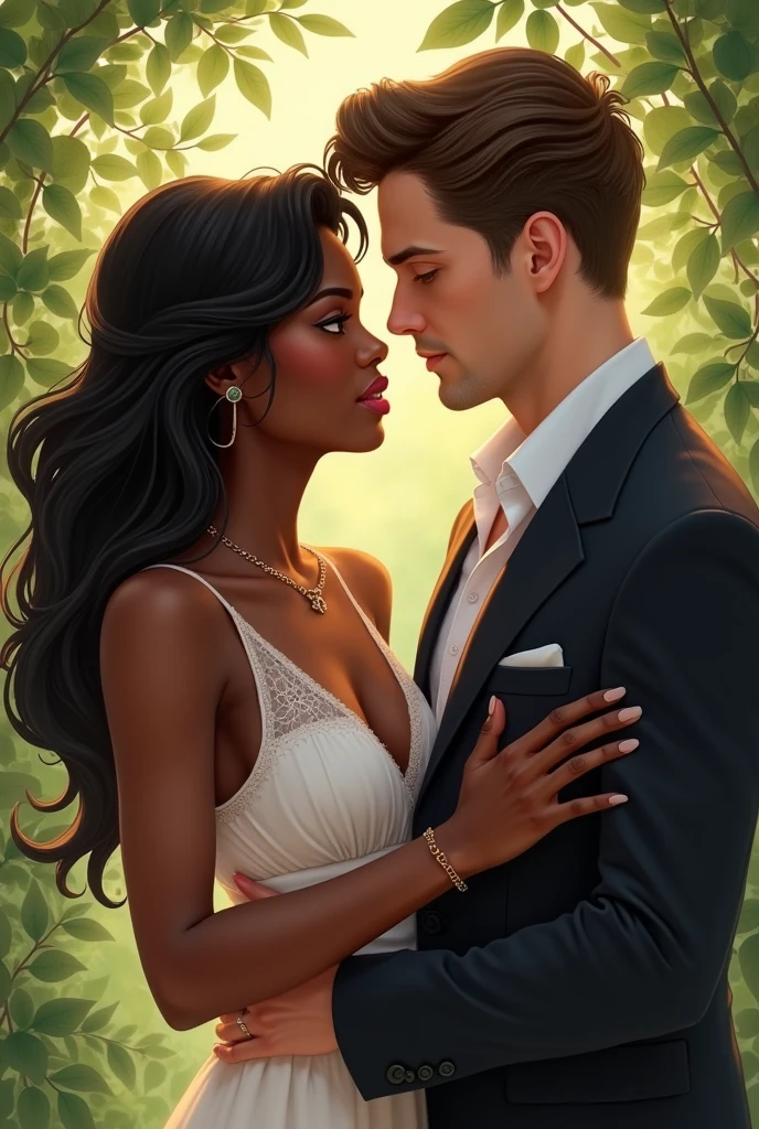 "A romantic scene featuring a beautiful dark-skinned woman and a handsome white man with brown hair, their love radiating as they gaze into each other's eyes. (Romantic couple:1.2), (1 Dark-skinned girl:1.3), (1 White boy with brown hair:1.3)"