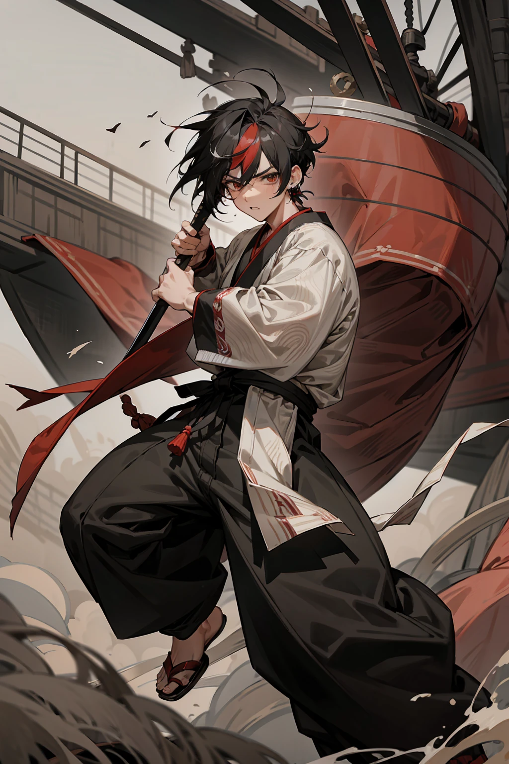 1male, Adult, Two-Toned Hair, White and Black Hair, Messy Hair, Short Hair, Large Ear Rings, Red Martial Arts Clothing, Black Baggy Pants, Red Haori, Grey Sash, Pirate Ship