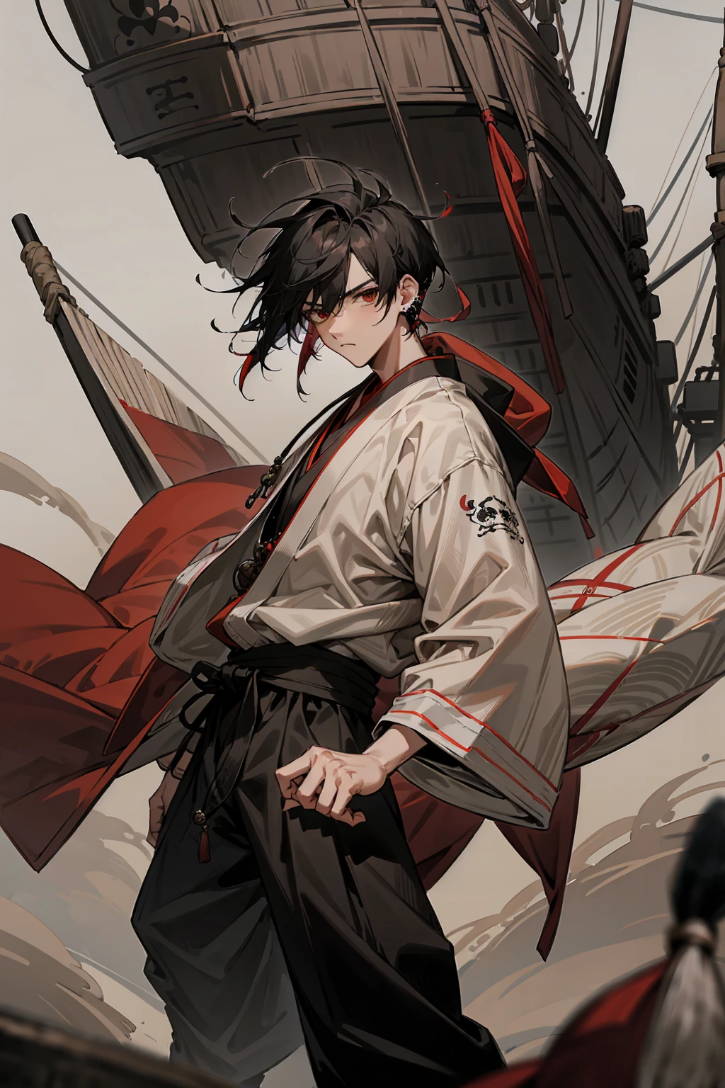 1male, Adult, Two-Toned Hair, White and Black Hair, Messy Hair, Short Hair, Large Ear Rings, Red Martial Arts Clothing, Black Baggy Pants, Red Haori, Grey Sash, Pirate Ship