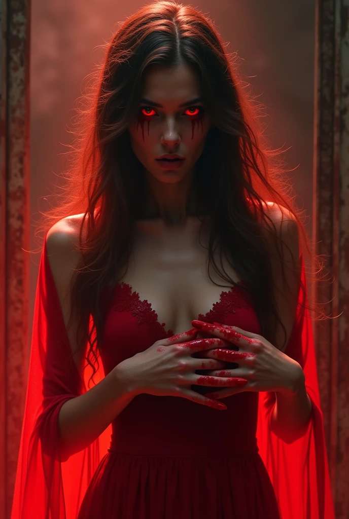 ((Masterpiece)), ((best quality)), ((details)), ((phenomenon)), (complicated), ((meticulous)), dark red Sorceress, blood magic, dark red, photograph, movie light, Mood lighting, light reminiscent of, incredible light, Taking pictures in low light