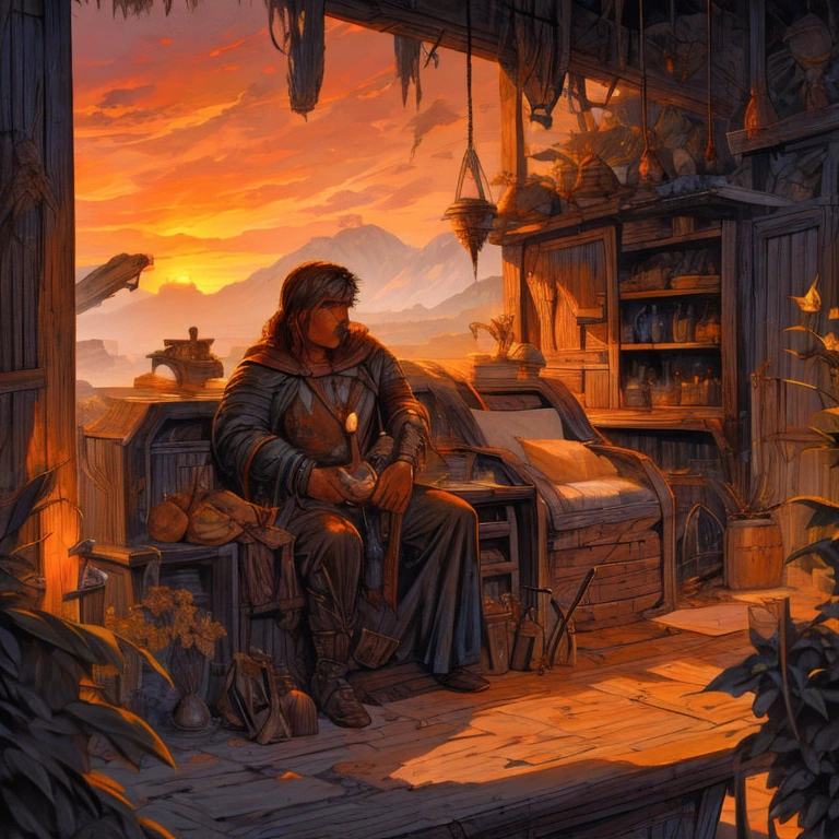 male character, traveler, Fantasy world, bleak, has lived through many battles, worn clothes, fancy dress, Role, sitting contemplating his journey, not very stocky, barba, Sunset, experienced 