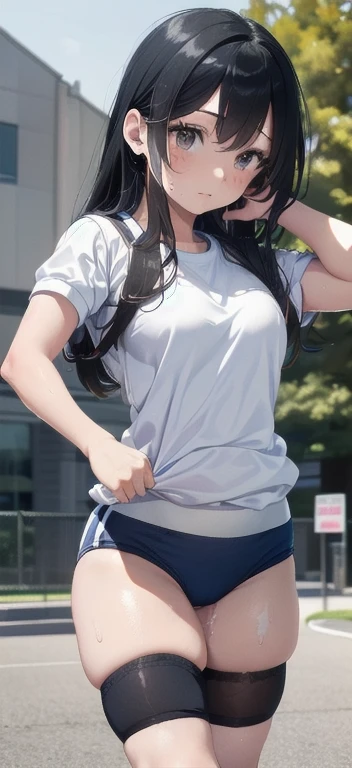 ((masterpiece, best quality)),((highres:1.2)), 1 Girl, solo, Blurred Background, (((Small breasts))), Thighs, (Stripe underwear), red bull T-Shirts, nipple