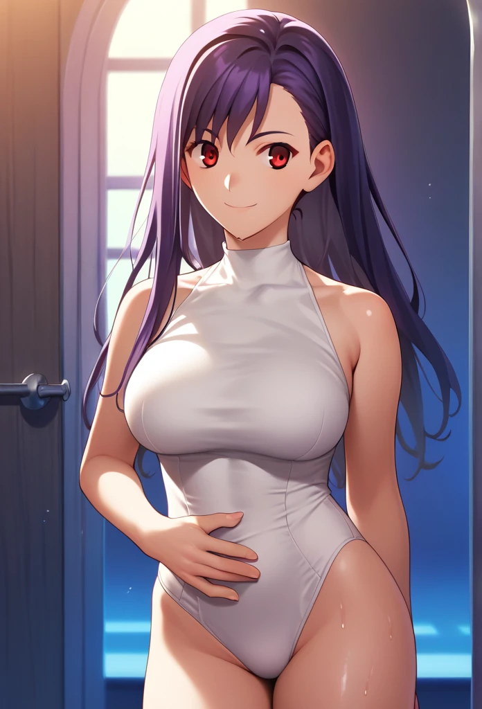 Score_9, Score_8_up, Score_7_up, source_anime, One girl,Red eyes,smile,Purple long hair, Hirokazu Koyama ,The background is the night sky,Cowboy Shot, Wearing a tight-fitting white swimsuit,sexy,Pixel Perfect,Large Breasts,Anatomically correct, masterpiece, Very detailed, smile,Wet,