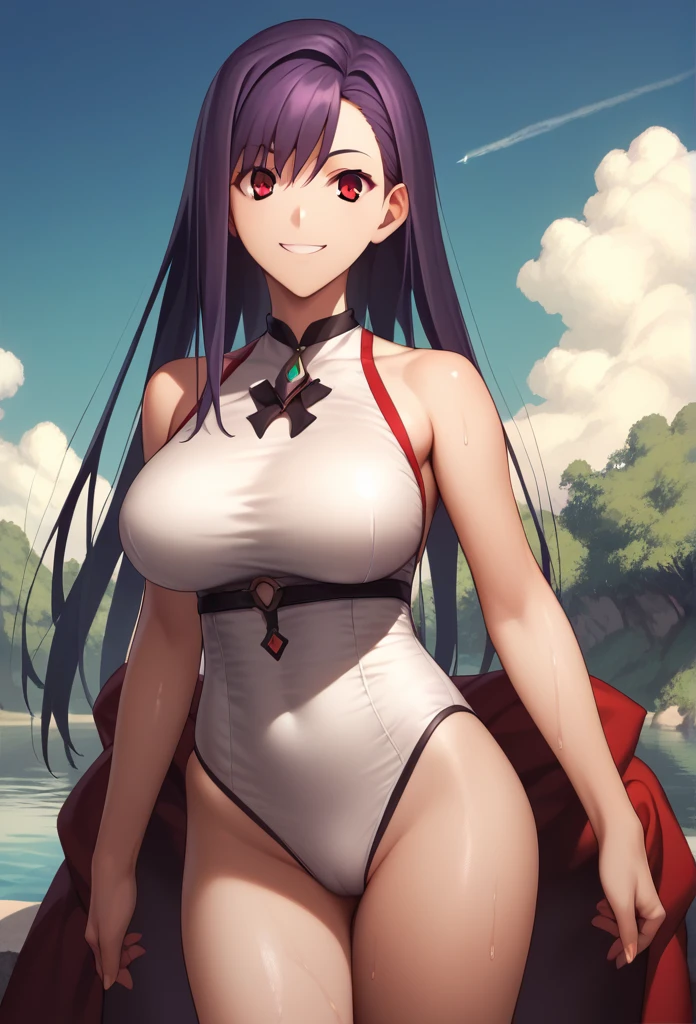 Score_9, Score_8_up, Score_7_up, source_anime, One girl,Red eyes,smile,Purple long hair, Hirokazu Koyama ,The background is the night sky,Cowboy Shot, Wearing a tight-fitting white swimsuit,sexy,Pixel Perfect,Large Breasts,Anatomically correct, masterpiece, Very detailed, smile,Wet,