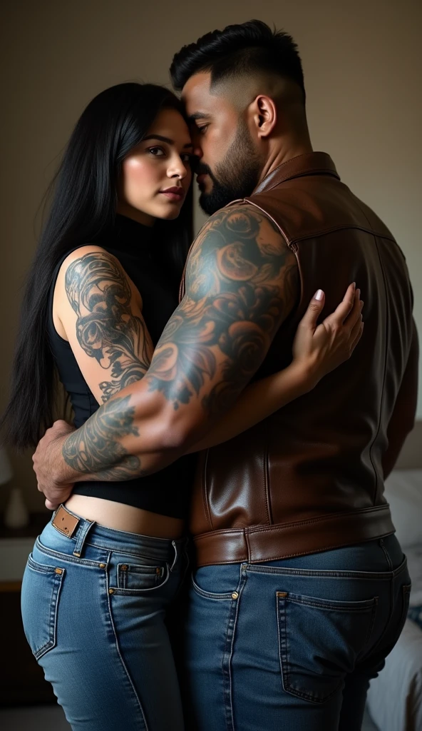 Couple hugging, muscular man with tattoos all over his body up to his neck. Woman with very long black hair, greeneyes, big buttocks