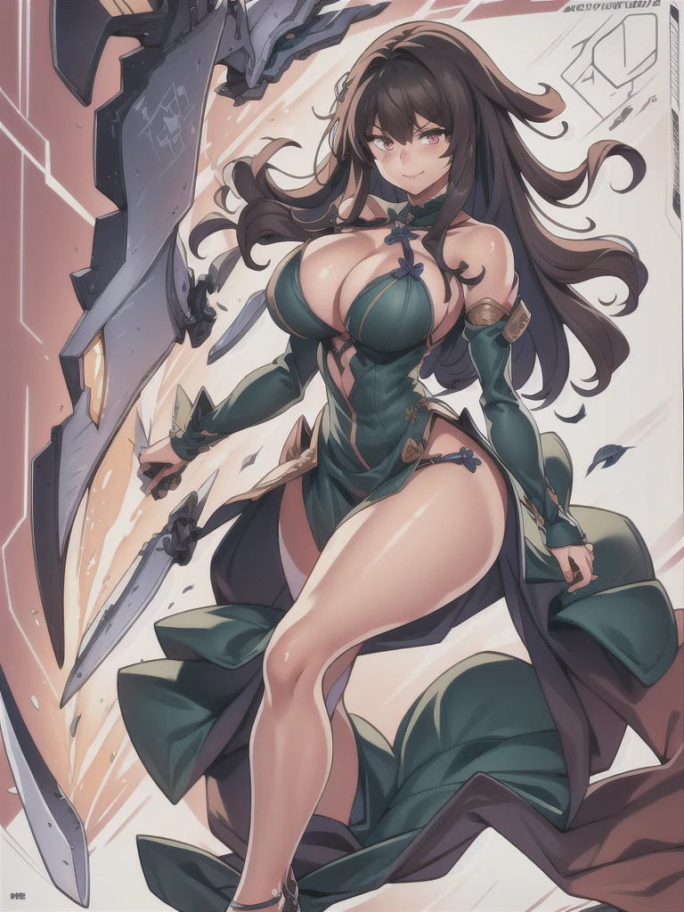 masterpiece,best quality,kim_kwang_hyun, 1girl,kashino, Brown  Long hair, big busty , large huge breasts, looking at viewer, plumpy, pink eyes, Brown Long hair, bangs, large huge breasts, long sleeves, dress, cleavage, closed mouth, Long weapon((sword)), puffy sleeves, arm up, clothing cutout, copyright name, green dress, cleavage cutout, juliet sleeves , power armor, shoulder armor, Brown long hair,  smirk, pink eyes 