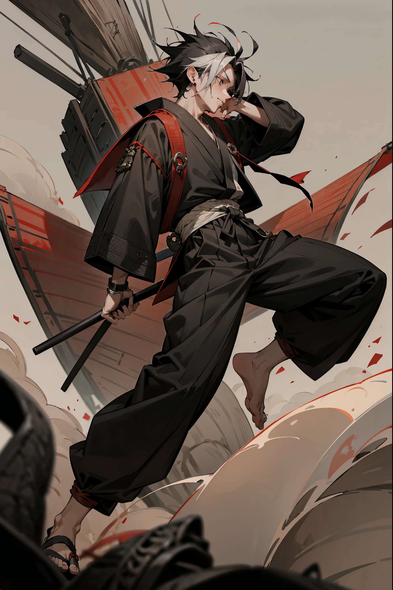 1male, Adult, Two-Toned Hair, White and Black Hair, Messy Hair, Short Hair, Large Ear Rings, Red Martial Arts Clothing, Black Baggy Pants, Red Haori, Grey Sash, Pirate Ship