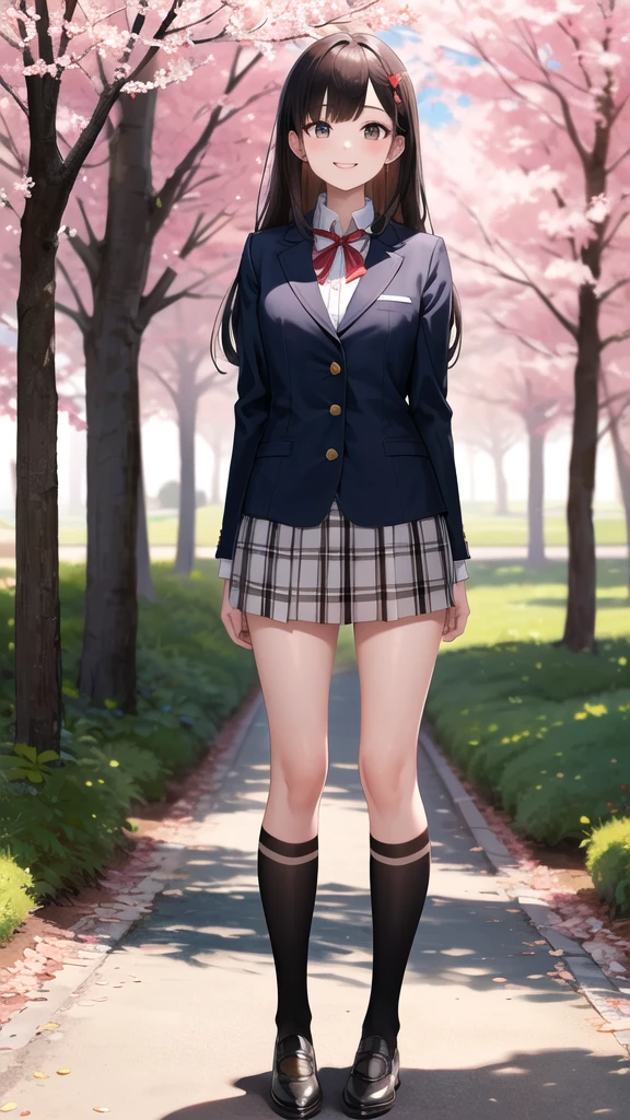 masterpiece, Best Quality, High resolution, Aelina, Long Hair, Red ribbon, striped bow, blazer, Blue jacket, Long sleeve, Checked skirt, Brown Skirt, Black knee socks, smile, Place your arms behind your back, cherry blossoms, Standing, Outdoor, It&#39;s over,