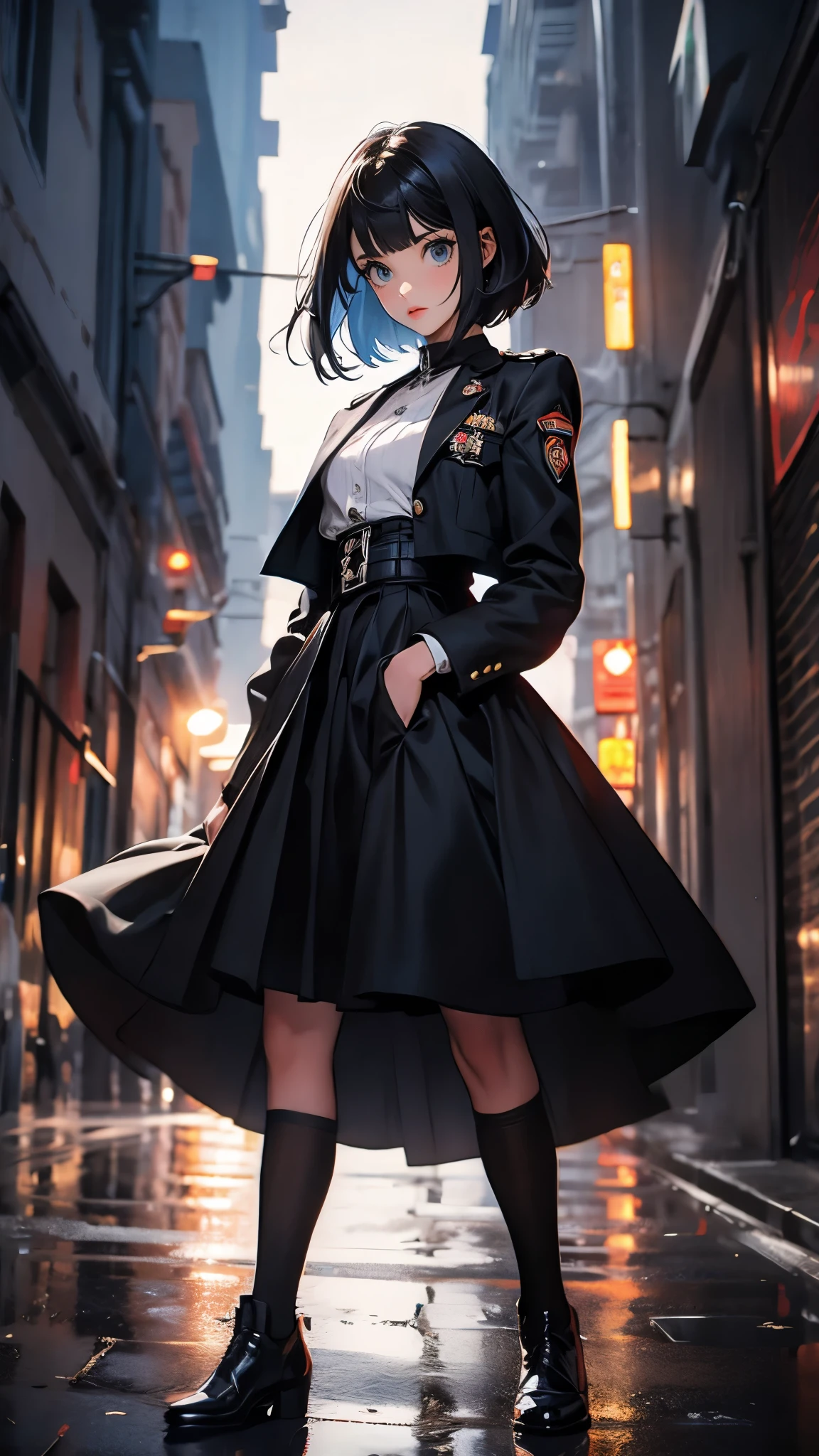 envision a 8k, highres, cinematic, beautiful full body of a sexy lady with a slender body, strong face, strong mature older face, (((short black hair))), multicolored, side locks, long bangs, blue eyes, Liko,, military ****ta dress, military uniform, gloves, cropped jacket, ((((1girl)))), in dark lighting, against a dark gray background