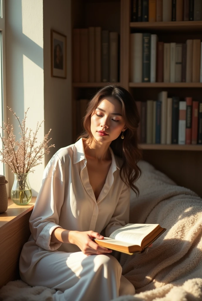 (Photorealism:1.2), Beautiful woman, sitting on a bed reading a book, She is wearing a loose off-the-shoulder top., Pajama pants, Long Curly Hair, indoor, Soft lighting, Background plants, Window with sunlight, Cozy rooms, Relaxed pose, Realistic, Intricate details, Warm colors, Greg Rutkowski, Alphonse Mucha, zoom out to show only one woman/A picture of four「Show More」window