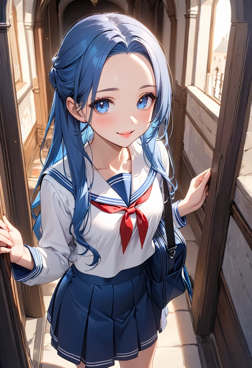 (masterpiece, top quality, very aesthetic, super detailed), intricate detail, 1girl,stand、cowboy shot:1.3、
kind eyes、tareme:1.4,Hollow Eyes:1.3、Cute Face、blue hair:1.5、middle hair,sidelock :1.4,,blue eyes:1.2、clear face、solo、sailor uniform、medium breasts,Slim Body、JK