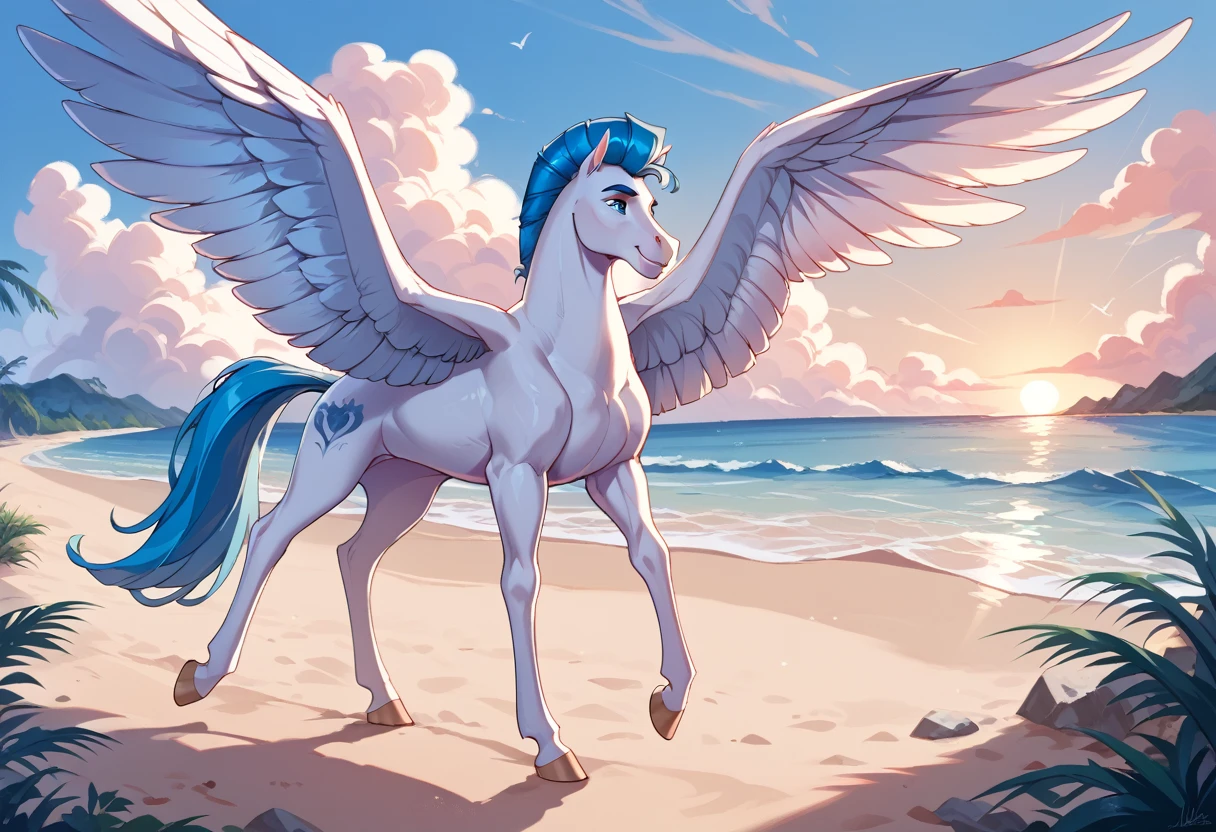 (Pegasus, blue mane, large wings) on a deserted beach