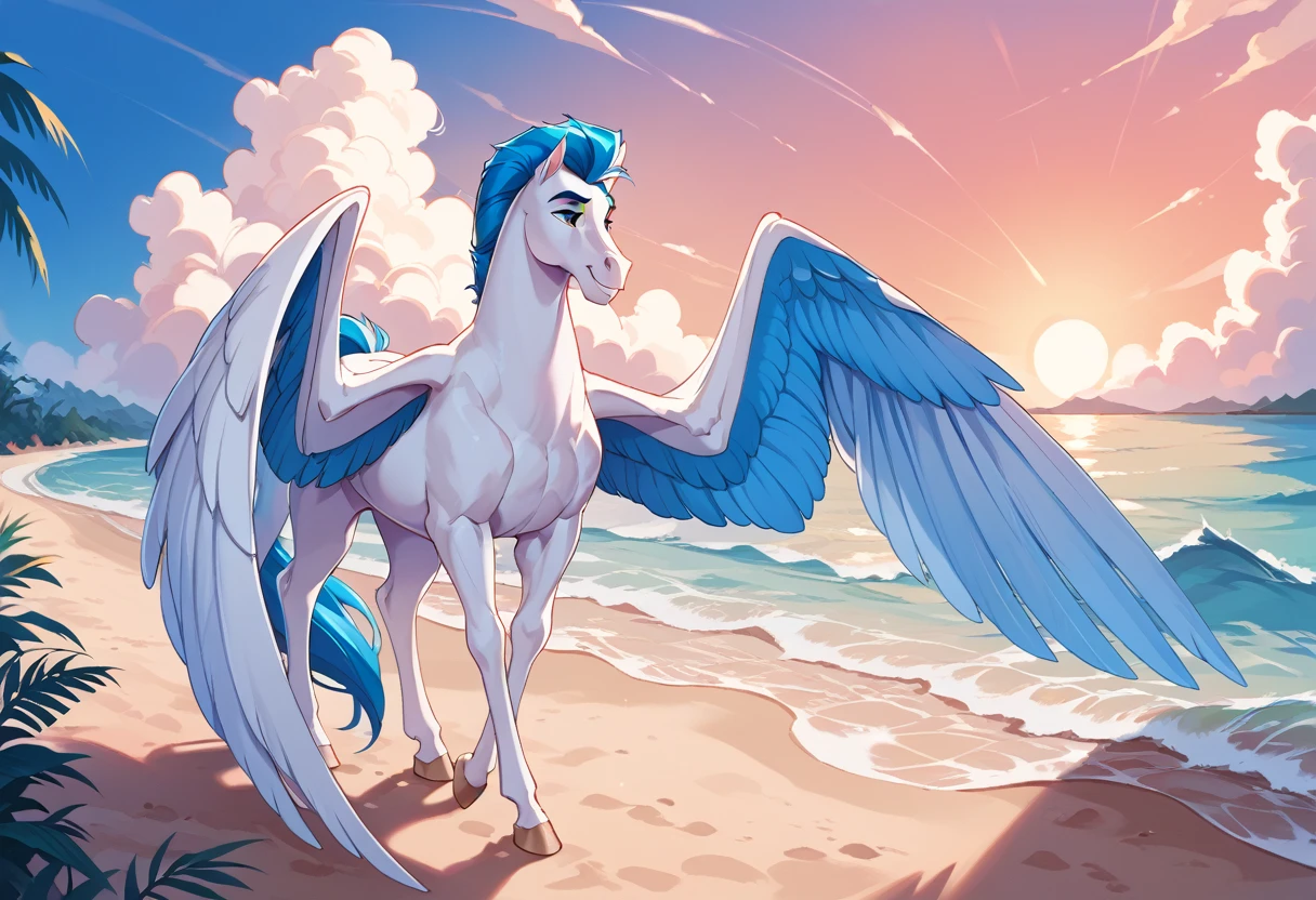 (Pegasus, blue mane, large wings) on a deserted beach