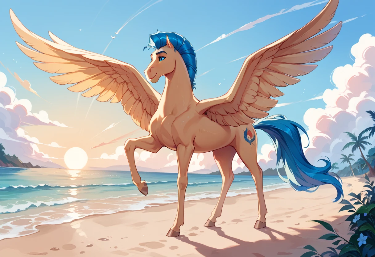 (Pegasus, blue mane, large wings) on a deserted beach