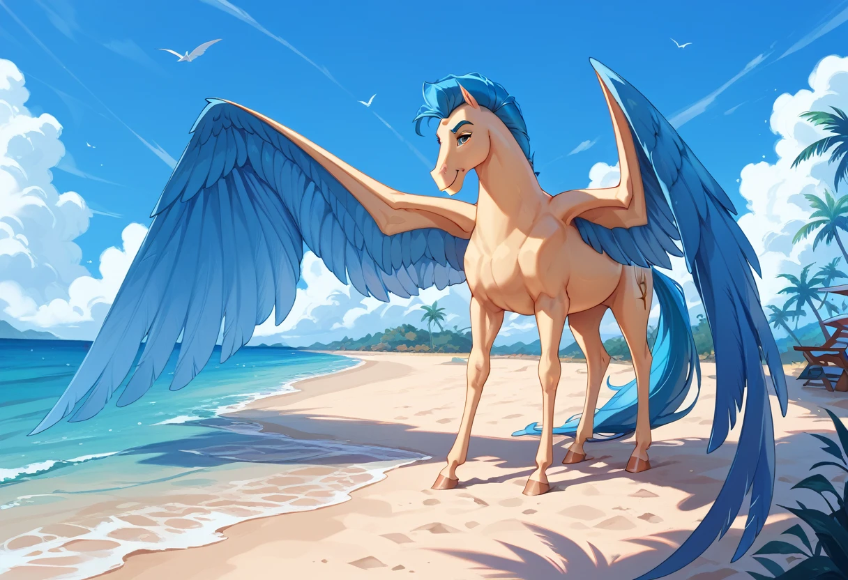 (Pegasus, blue mane, large wings) on a deserted beach