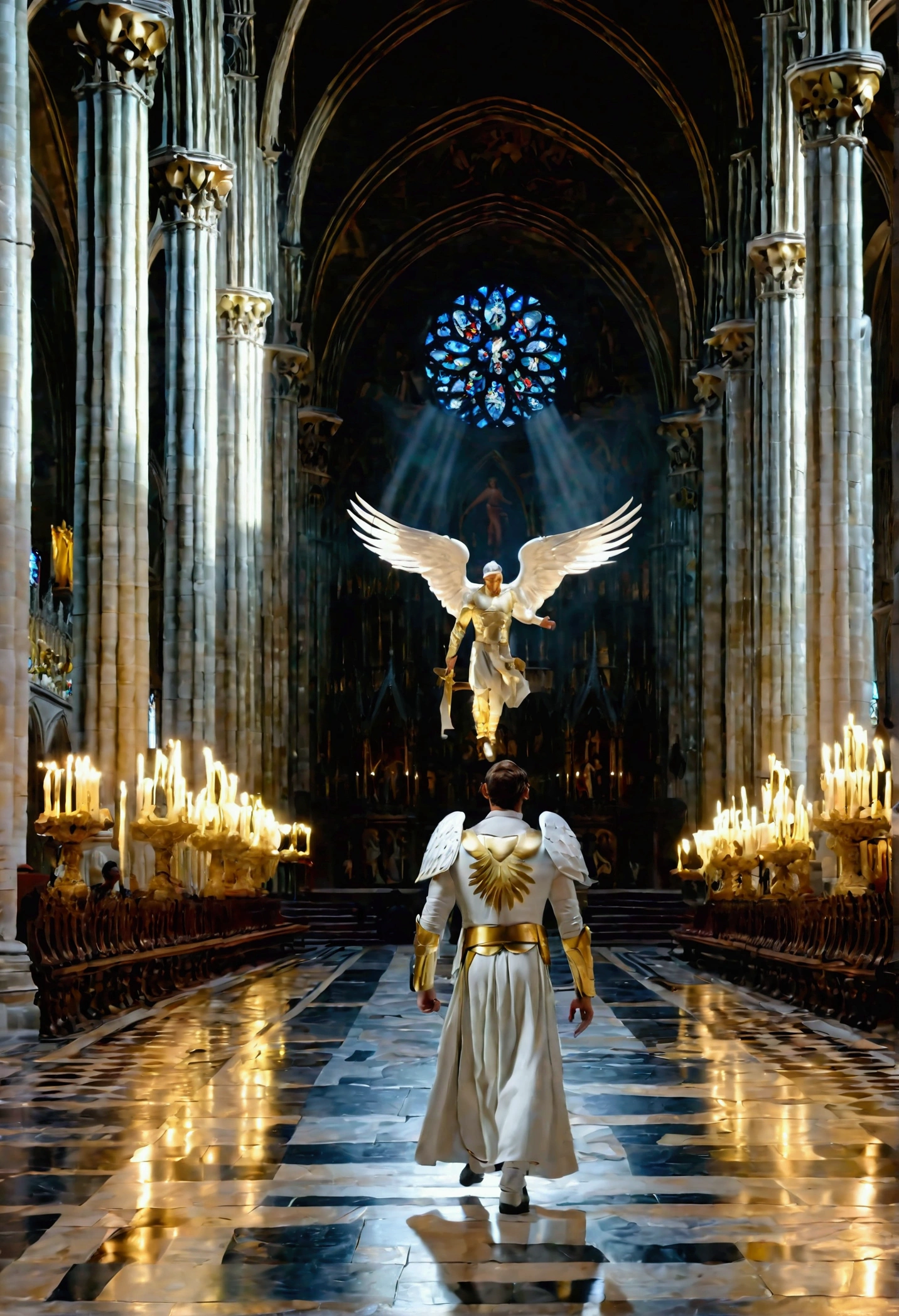 photo hyper realist, la meilleur qualite possible un ange homme en armure blanc et or badass super detailler avec une oureol lumineux ,dans une cathedrale , we see him walking in full , 8k
