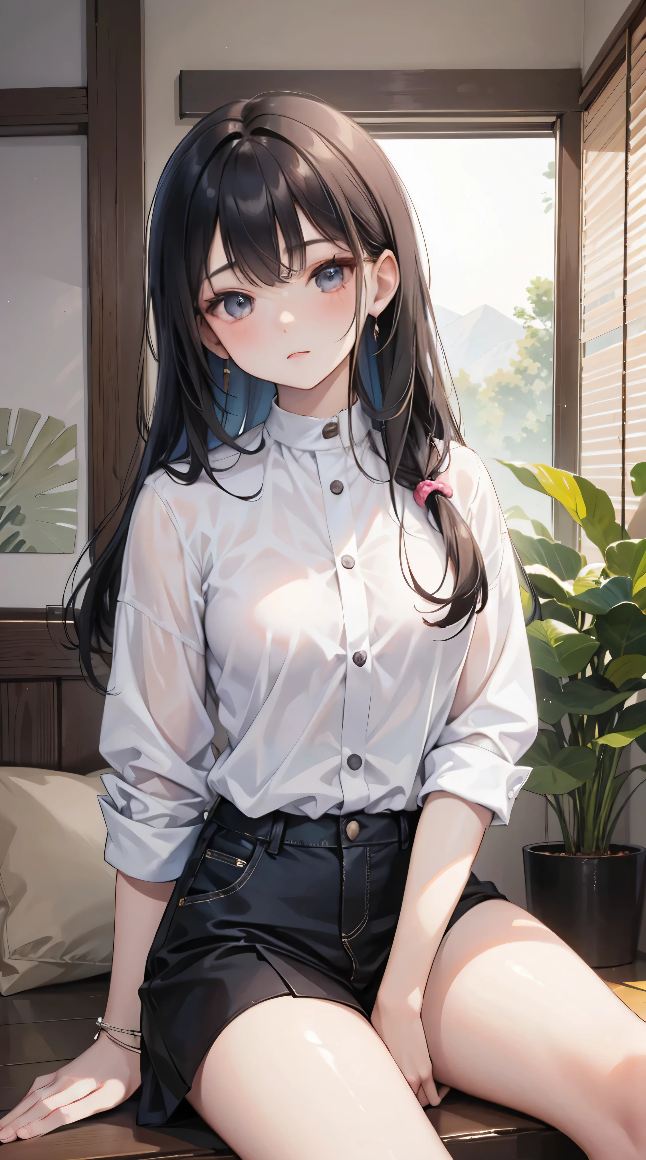 High resolution, Highest quality, super high quality, Very detailed, 8K、mini skirt、Embarrassing、Black Hair