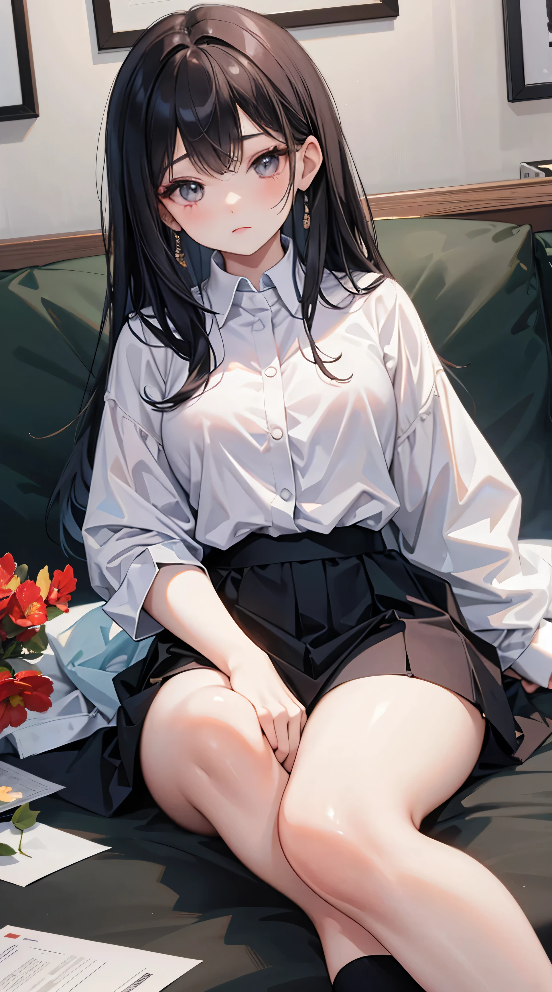 Top quality, masterpiece, High resolution, (Head to toe full body), front, frontやや下からの構図, Symmetric, Tall 18 year old girl, alone, (Head to toe), (Small breasts), Unkempt brown hair, bangs, (black tights), (Black Pantyhose), (Sit with your legs apart), (Crouching pose), (A composition showing white panties), (Her legs were spread、I see your white pants.), (I was made to sit on the floor with my legs spread..), (M-shaped legs), Thin legs, A very beautiful and tall 18 year old girl, (No shoes), blush, Shy big eyes, looking at the camera, Blazer Uniform, Checkered Pleated Skirt