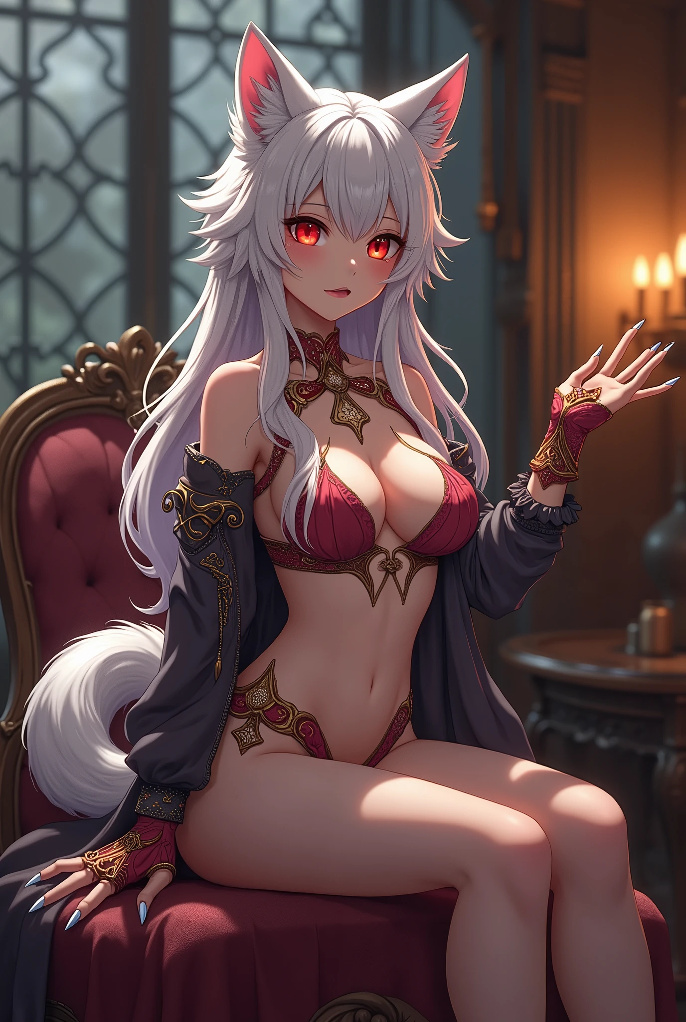 Fugokama, Kama, Hair Ribbon, (Red Eyes:1.5), Red Ribbon, bow ribbon, Long hair, White hair,
Break Armlet, Bare shoulders, Bracelet, Collar, Detached sleeves, Dress, earrings, with floral pattern, Jewelry, Metal collar, Miniskirt, pelvis curtain, Purple Dress, Purple skirt, Purple Sleeve, purple thighhighs, Ring, Skirt, thighs thighs thighs thighs, thighs thighs thighs thighs,
BREAK looking at viewer,
Break indoors, bed
break (masutepiece:1.2), Best Quality, High resolution, Unity 8k壁纸, (Illustration:0.8), (Beautiful detailed eyes:1.6), extra detailed face, Perfect Lighting, extremely details CG, (Perfect hands, Perfect Anatomy)a beauty girl、Sheer feeling、(Completely naked with a sense of sheerness)、Live action、Chiquita、fissure、a blond、Uncensored、Lori、barechested、light skinned、Shaved、Opening legs