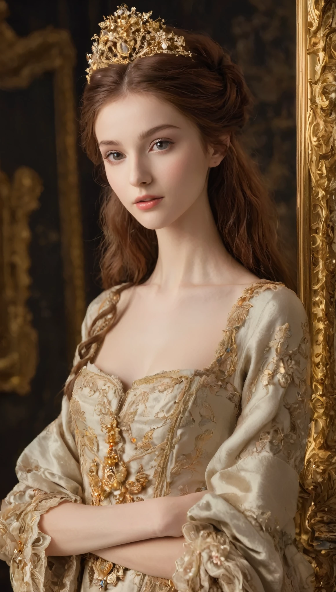 In a rococo atelier、(flat!!!! tiny!!!! chest), ( girl), very young extremely!!!!!! pretty!!!!!!!!! beautiful!!!!!!! face, grey eyes, pale skin, Oil painting nude!!!! model, topless!!!!!!!!!!!!!!, wearsa beige open!!!!!!!!! robe, naked!!!!!!!!!!!!!!!!!!, anorexic!!!!!!, emaciated!!!!!!!!!!!!!, very skinny!!!!!!, extremely skinny arms, (very short!!!!!!!!!!!!!!), tiny!!!!!. Highly detailed, 8K, short!!!!!!!!!, 1girll, boney!!!!!!, firered!!!!!! long  hair, brunetted!!!!!!!!!!!! , (Perfect_Face), Convoluted, Dramatic Lighting, 4K, Detailed_Background, Caustics, from a_Side!!!!!, (eye contact!!!!!), (looking at camera!!!!!!). dark background.