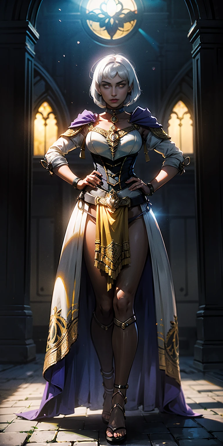 ((BLACK BACKGROUND,1:2, masterpiece)), full body MILF BIMBO standing with two long thighs and two metal sandals, red eyes, silver white hair, short bob style hair, big breasts, cleavage, separate sleeves, tiara royal, long cape up to two feet, yellow bikini, hands on waist, navel, lustful smirking smiling, smile face (red blushed, red cheeks), metal shoulders, gold sleeveless armbands, black leather choker slave collar, shackle bracelets, sex slave red crest, pauldrons, breastplate, corset, eye focus, full body, whole body. 1solo . slave fighter, loincloth standing, hands on hips, metal sandals, backpack, choker, big belt, view from below, feet together, bracers, tiara)