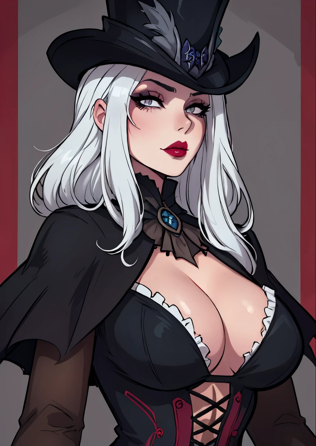 malsterpiece, best quality, 1female, beautiful, face portrait, deep dark makeup, lipstick, face focus, 1girl, goth, victorian, ladyMaria, white hair, gray eyes, top hat, huntress