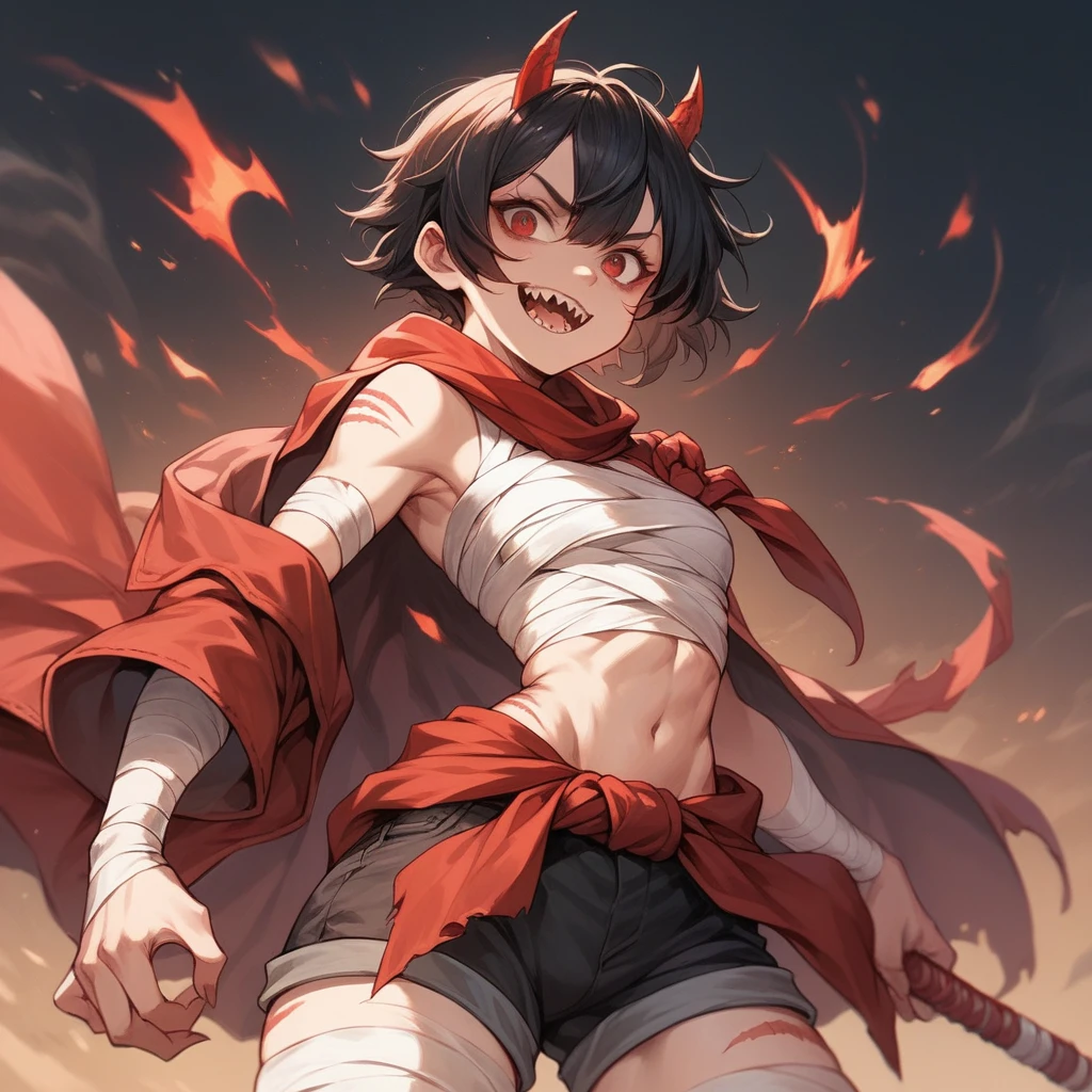 strong tough defined woman, defined abs, short black hair with bangs, small horns, red eyes, sharp canine teeth, using bandages as a top, wearing short black shorts, wearing red poncho tied around waist, marks on the body, anime art