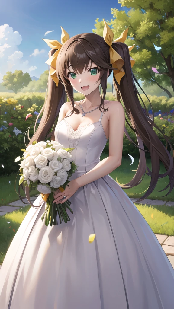 masterpiece, best quality, highres, aahuang, long hair, twintails, hair ribbon, small breasts, wedding dress, cleavage, necklace, white dress, garden, standing, holding bouquet, open mouth, smile, confetti,