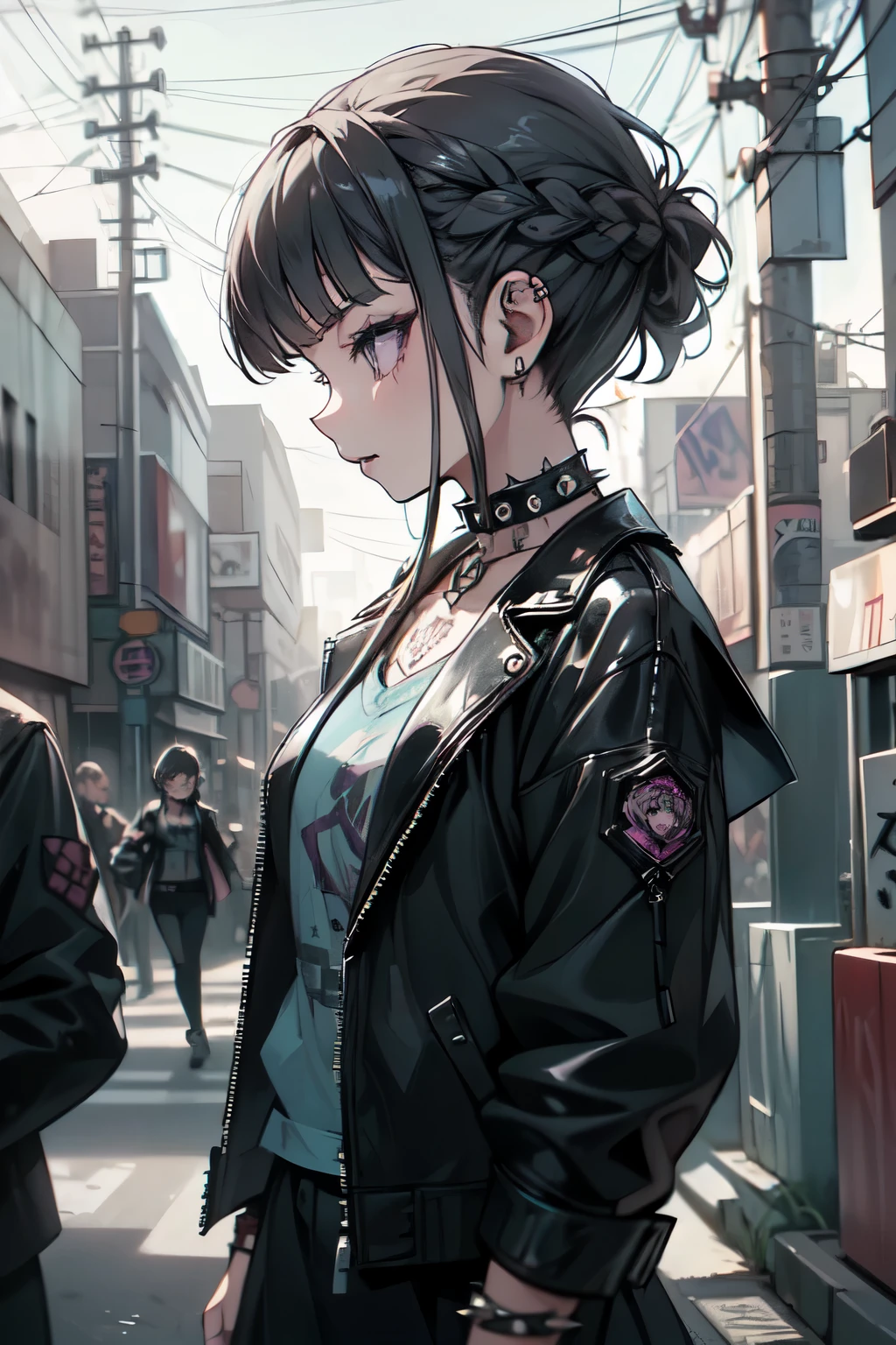 ((nice with you)), Short Hair, Braided Hair, Brown Hair, Purple eyes, bangs, woman, Alone, punk, punk, (Light Blue Leather Jacket), Black T-shirt, Spiked Choker, bracelet, Black eyeshadow, Black Lips, masterpiece、Cityscape background、Graffiti wall