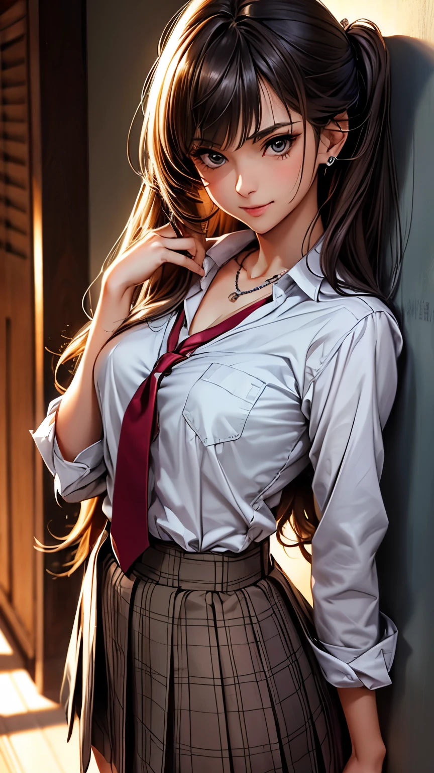 tmasterpiece,best qualtiy,ultra - detailed,illustratio,epic lighting,cinematic compositions,isometry,1girll,独奏,adolable,with brown eye,Black color hair,By bangs,red hair clips,blouse with a white collar,black necktie,Black pantsuit,formal,a captivating gaze,captivating posture,inside in room,rainforests,looking at viewert,Be red in the face,seduct smile,(8K:1.1),Bigchest,nakeness,long leges,Bigchest,Big breasts Thin waist,drenched all over the body,Bare breasts,Bare genitalia,Camel toes