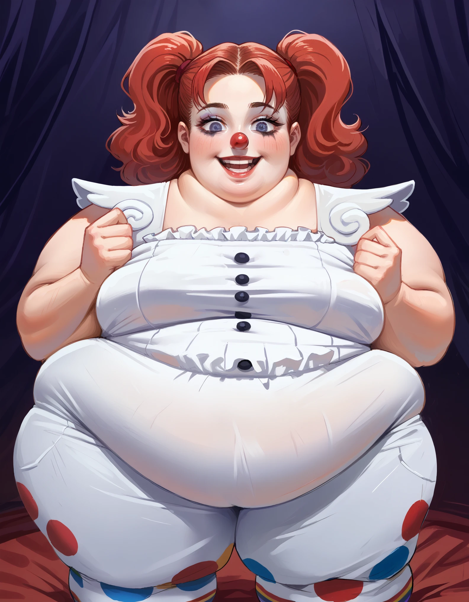 One obese fat woman (human woman), clown make up, undersized tight leotard, ((extremely large pretty eyes)) colorful clown pants, white make up and , curly colorful hair,, stretched clothing, close up, good anatomy, ,, (deep skin), ((skindentation)), , (()), , NSFW, (double chin:1.5) (evil laughing) undersided top, in a circus tent, (circus background) full body fat