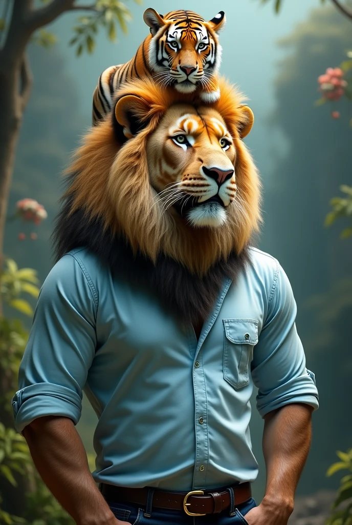 Lion, male, adult, long blond mane, big brown beard all over the jaw, very fat body, big belly, fat belly, large pectorals, big biceps, beautiful green eyes, detailed eyes, detailed face, archaeologist adventurer, tight-fitting archaeologist adventurer clothes , open shirt, visible pecs, smiling face, jungle background, seen all over the body (intricate, high detail, film photography, soft focus, RAW candid cinema, photorealism, realistic, photorealistic, analog style, subsurface scattering, masterpiece, best quality, ultra realistic, 8k)