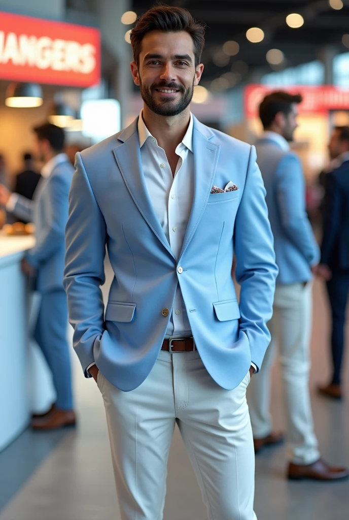 A handsome and sexy man wearing a casual white short and blue suit,and formal pant, , he has gorgeous face,and stylish black hair, and short beard, he is sitting in a cafe, homoerotic, nsfw ,open legs, alluring pose,pussy
