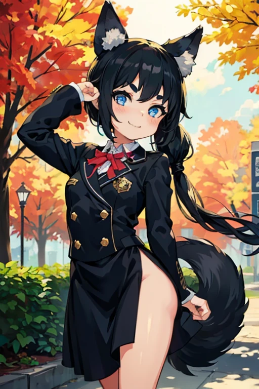 Young girl with black hair, long twintail, twintail hairstyle, (blue eyes), ((small bushy eyebrows)), (wolf ears up), wearing gothic ****ta, ****con clothes, going to school, dull eyes, dull face, going to school, flirtatious smile, small and perky breasts, in a park, wide hips, ready to have sex