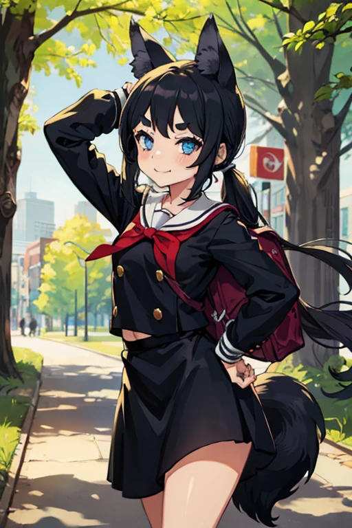 Young girl with black hair, long twintail, twintail hairstyle, (blue eyes), ((small bushy eyebrows)), (wolf ears up), wearing gothic ****ta, ****con clothes, going to school, dull eyes, dull face, going to school, flirtatious smile, small and perky breasts, in a park, wide hips, ready to have sex