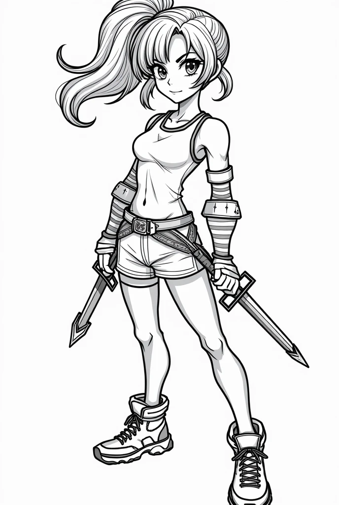 create a line art with the description as follows "Female: The female is a Black with an Athletic body.
Placement: Her placement is on the left of the cover, she will be in a pose similar to that of the reference photo
Features:
Build: Athletic, average female height.
Hair: A ponytail made up of 4c hair
Eyes: Normal Brown eyes.
Clothes: tank-top, Arm-sleeves skirt, arm-sleeves. Belt that holds a rapier on her skirt.
Colors for clothes will be determined later, (if that's ok)"