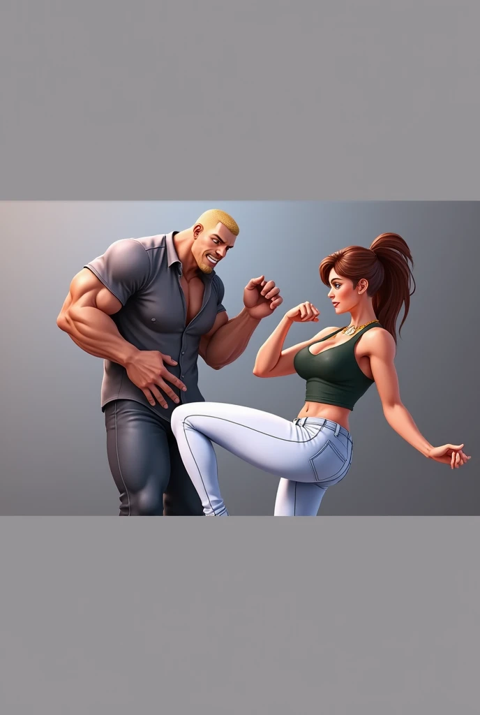 1 man 1 girl Manga comic sensual brunette girl Straight loose hair, blue eyes wet white t-shirt, black tabled skirt In a sensual pose, she teach self defense knee with a woden dummy (bigboob big ass) (wet t-shirt) (highly detailed) (concept art) (manga) (anime) (draw) (face anime detailed) (comics)