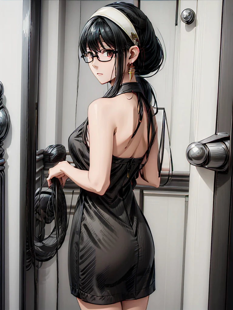 (masterpiece, best quality:1.2), detailed face, detailed eyes, sexy elegant woman, long hair, high heeled, shiny skin, welcomes you at the door, little black dress, random collar, ponytail hair, cool attitude, cool glasses, exciting, cool, (perfect hands:1)