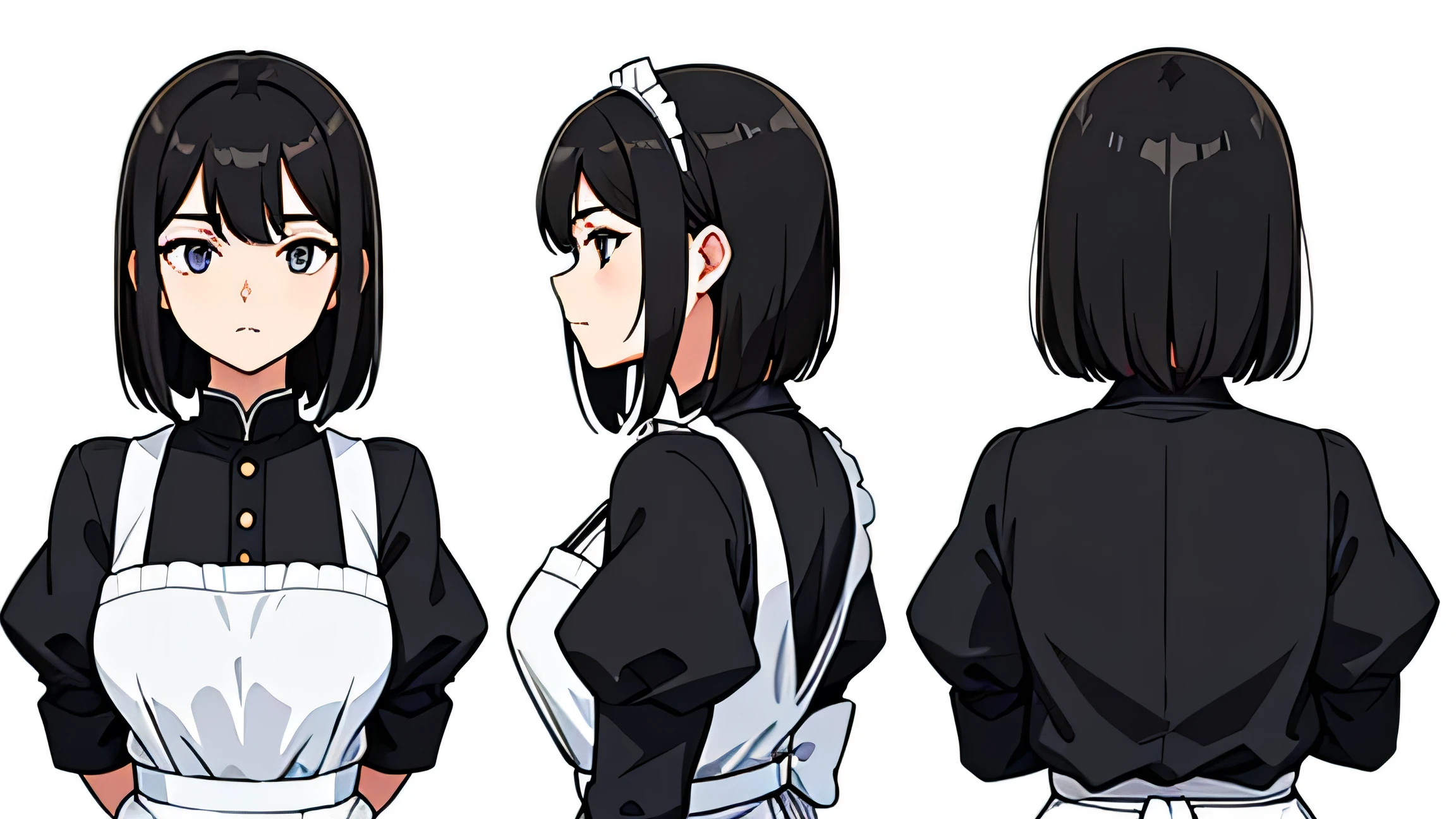 "The illustration resembles a character design reference sheet with a simple background. It is a three-view drawing, showing the character from the front, side, and back. The character is a beautiful woman with Asian features. Her face is slightly elongated. Her hair is black and styled in a short bob, not reaching her chin. Her ears are completely hidden by her hair. Her eyes are black with an Asian appearance. She is wearing a simple, modest maid outfit, with a black base and a white apron."

