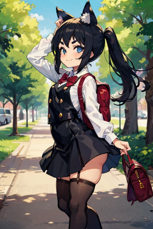 Young girl with black hair, long twintail, twintail hairstyle, (blue eyes), ((small bushy eyebrows)), (wolf ears up), wearing gothic lolita, lolicon clothes, going to school, dull eyes, dull face, going to school, flirtatious smile, small and perky breasts, in a park, wide hips, ready to have sex