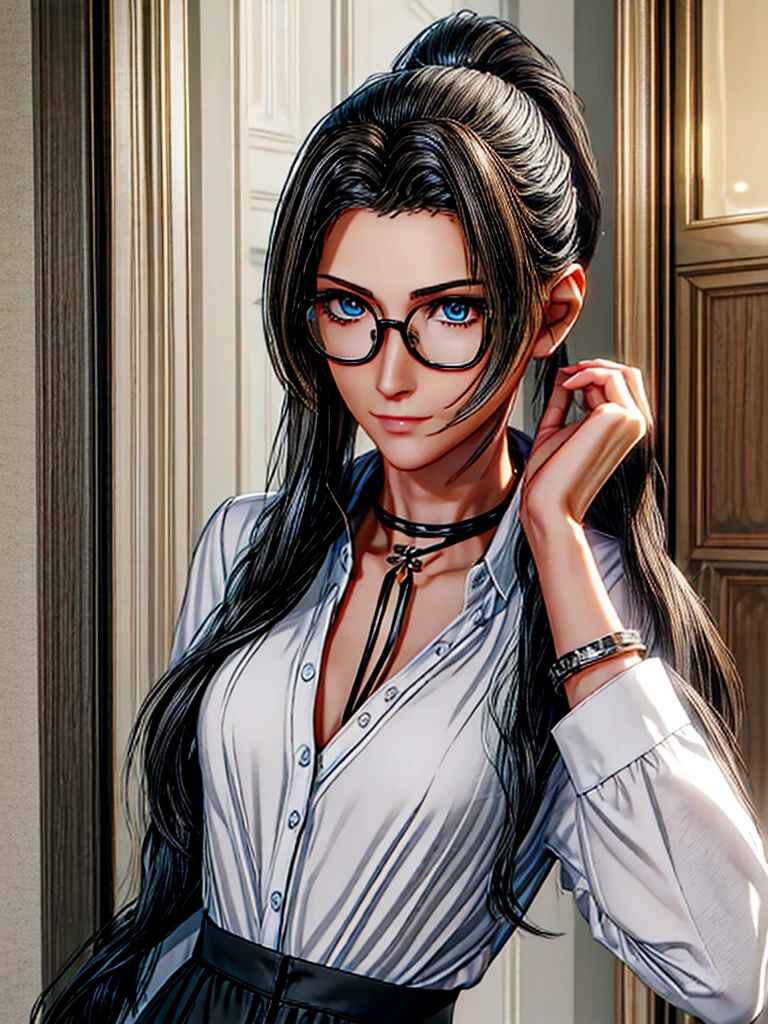 (masterpiece, best quality:1.2), detailed face, detailed eyes, elegant woman, long hair, high heeled, shiny skin, welcomes you at the door, dress shirt, pants, random collar, ponytail hair, cool attitude, cool glasses, exciting, cool, (perfect hands:1)