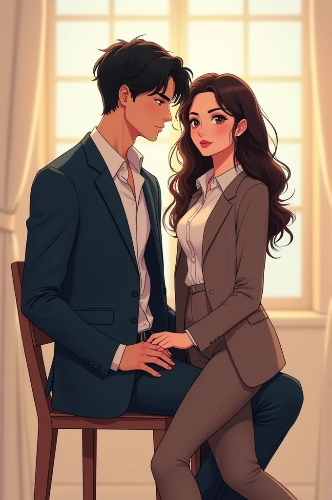 Anime tall brunette male in suit cuddling with his smaller brunette girlfriend in his office on a chair 