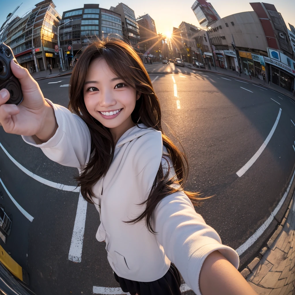  One person, ((fish eye, Selfie)), Wind, Dirty hair, sunset, Streetscape ...